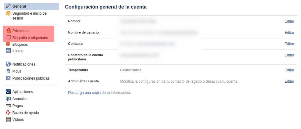 Menú configuración Facebook. Qué hace Facebook con mis datos
