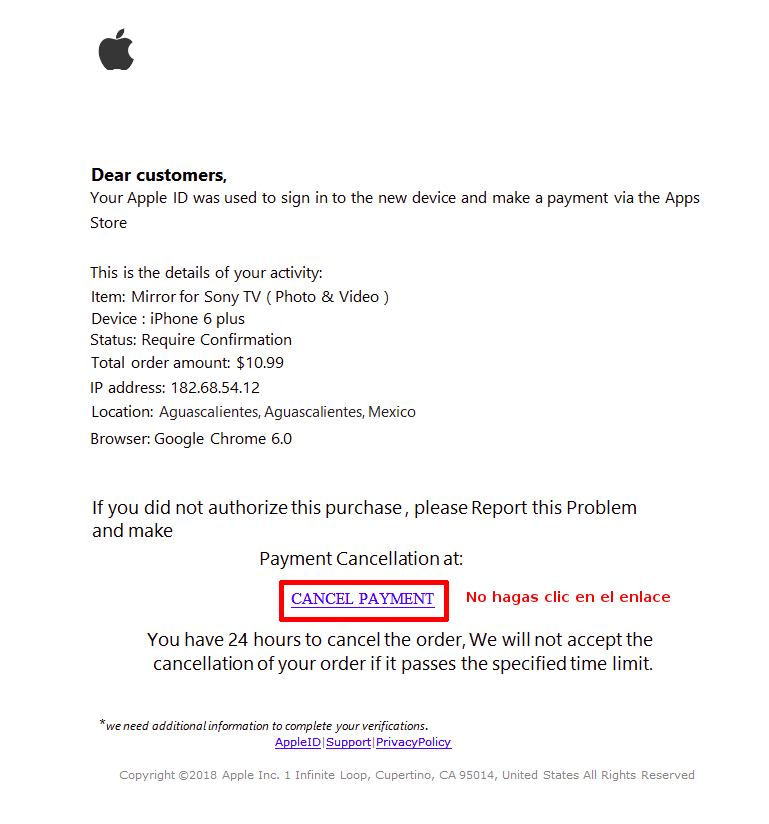 Phishing a usuarios de Apple - docx adjunto